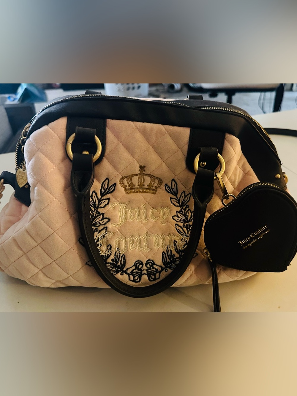 Juicy Couture Blush Pink Quilted Satchel with Black Trim